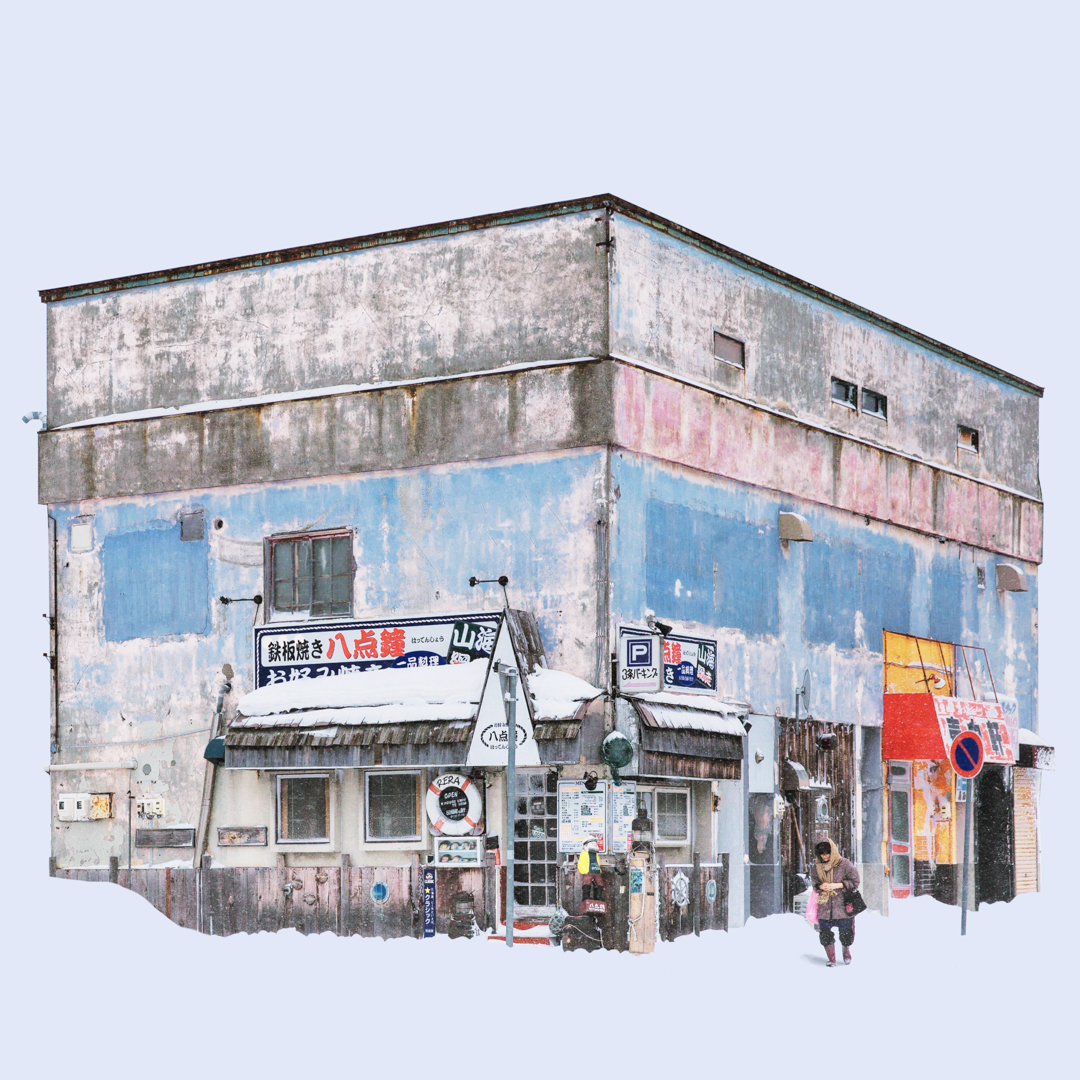 Urban façade under snow, almost erased by white.